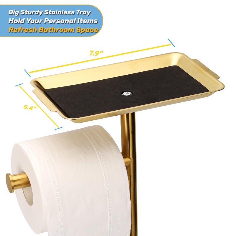 Exilon Toilet Paper Holder Stand for Bathroom Floor Freestanding Toilet Roll Dispenser Storages 4 Reserve Rolls, with Top Storage Shelf for Cell Phone (Brushed Gold) - Image 4