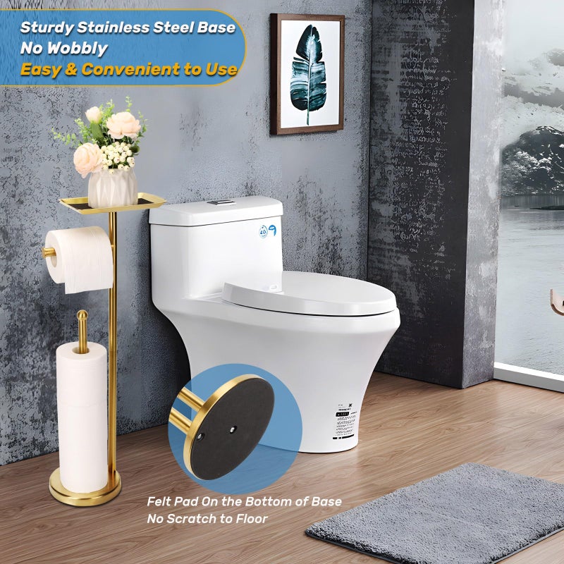 Exilon Toilet Paper Holder Stand for Bathroom Floor Freestanding Toilet Roll Dispenser Storages 4 Reserve Rolls, with Top Storage Shelf for Cell Phone (Brushed Gold) - Image 3