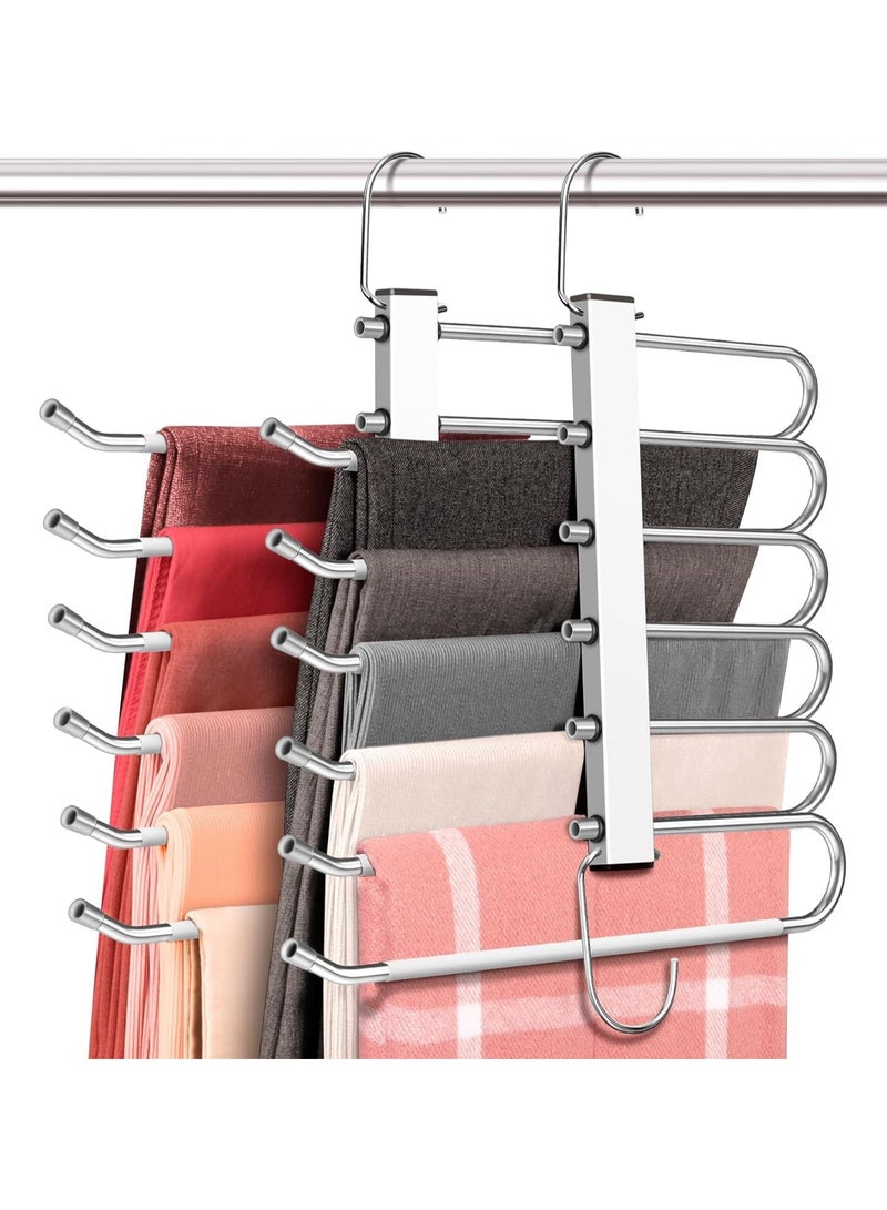 2Pcs Pants Hangers Space Saving, 6 Tier Pant Hangers, Anti-Slip, Lightweight, Stainless Steel for Men Women, Non Slip Black Hangers for Pants, Jean, Trouser, Scarf, Multiple Hangers in One - Image 1