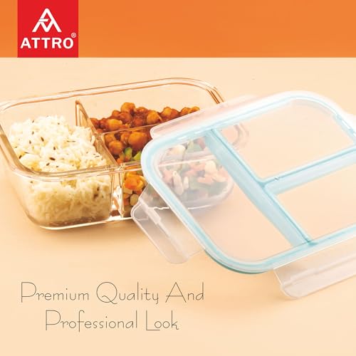 ATTRO Glassox Classic Borosilicate Glass Lunch Box – 1040ml, 3 Compartment with Locking Lid, Airtight & Leak-Proof, Microwave & Freezer Safe Transparent Food Container - Image 4