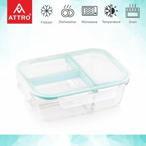 ATTRO Glassox Classic Borosilicate Glass Lunch Box – 1040ml, 3 Compartment with Locking Lid, Airtight & Leak-Proof, Microwave & Freezer Safe Transparent Food Container - Image 3