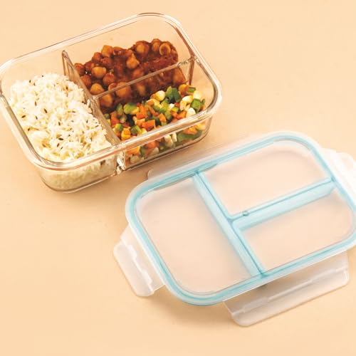 ATTRO Glassox Classic Borosilicate Glass Lunch Box – 1040ml, 3 Compartment with Locking Lid, Airtight & Leak-Proof, Microwave & Freezer Safe Transparent Food Container - Image 1