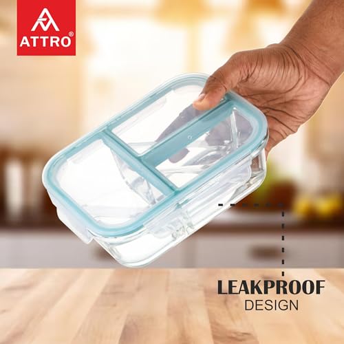 ATTRO Glassox Classic Borosilicate Glass Lunch Box – 1040ml, 3 Compartment with Locking Lid, Airtight & Leak-Proof, Microwave & Freezer Safe Transparent Food Container - Image 2