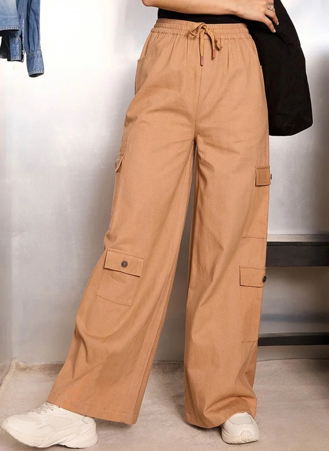 SASSAFRAS Brown High-Rise Cargos Trousers for Women