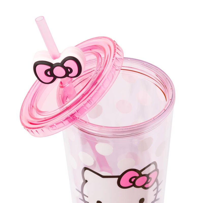 Silver Buffalo Sanrio Hello Kitty Bow Pink Polka Dots Plastic Cold Cup with Lid and Straw Topper, 24 Ounces - Image 2