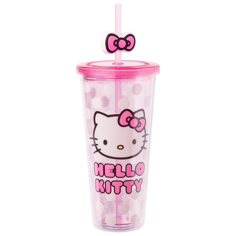 Silver Buffalo Sanrio Hello Kitty Bow Pink Polka Dots Plastic Cold Cup with Lid and Straw Topper, 24 Ounces - Image 1