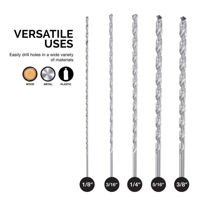 NEIKO 10047A Extra Long Drill Bit Set | 5-Piece | M2 HSS Steel | 12-Inch Length | 1/8, 3/16, 1/4, 5/16, and 3/8-Inch - Image 4