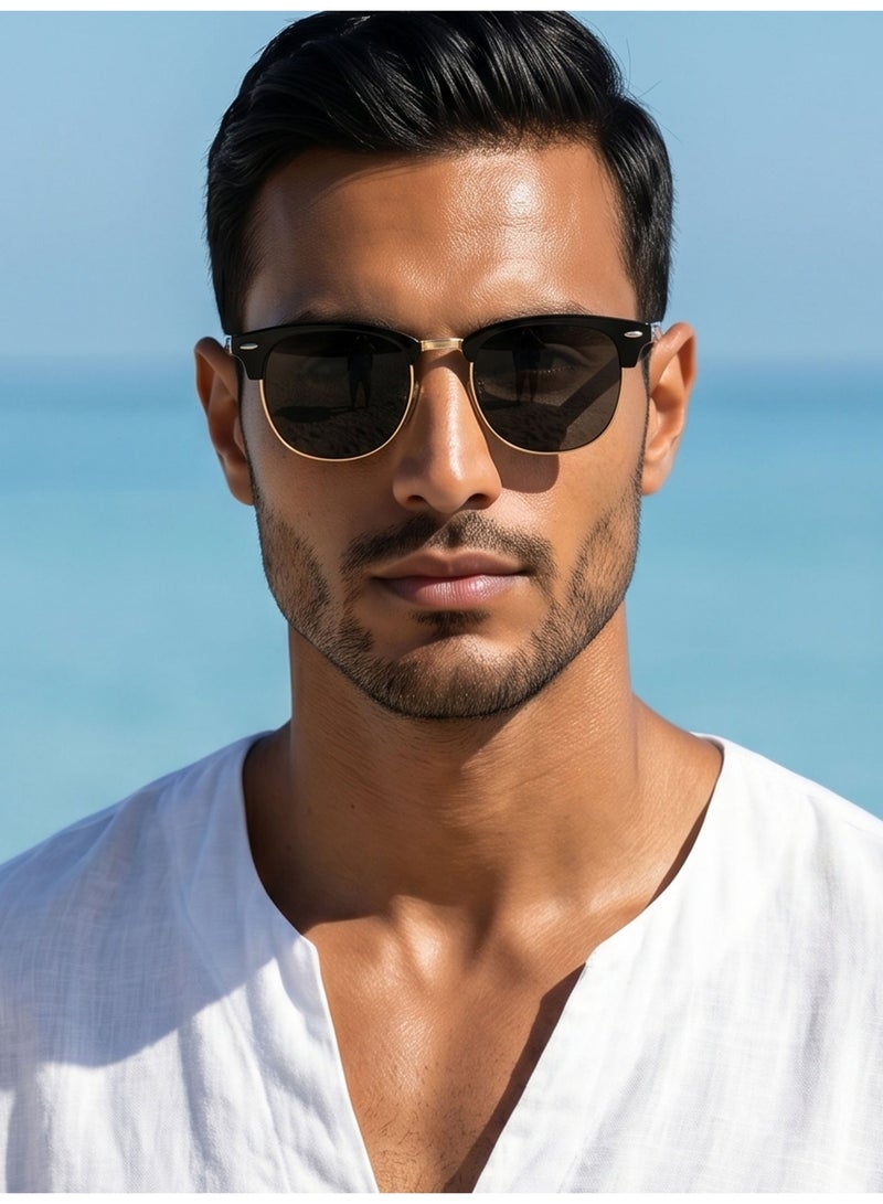 Polarized Semi-Rimless Sunglasses Unisex, Retro Browline Design, UV400, Black & Gold  3016 - Image 3