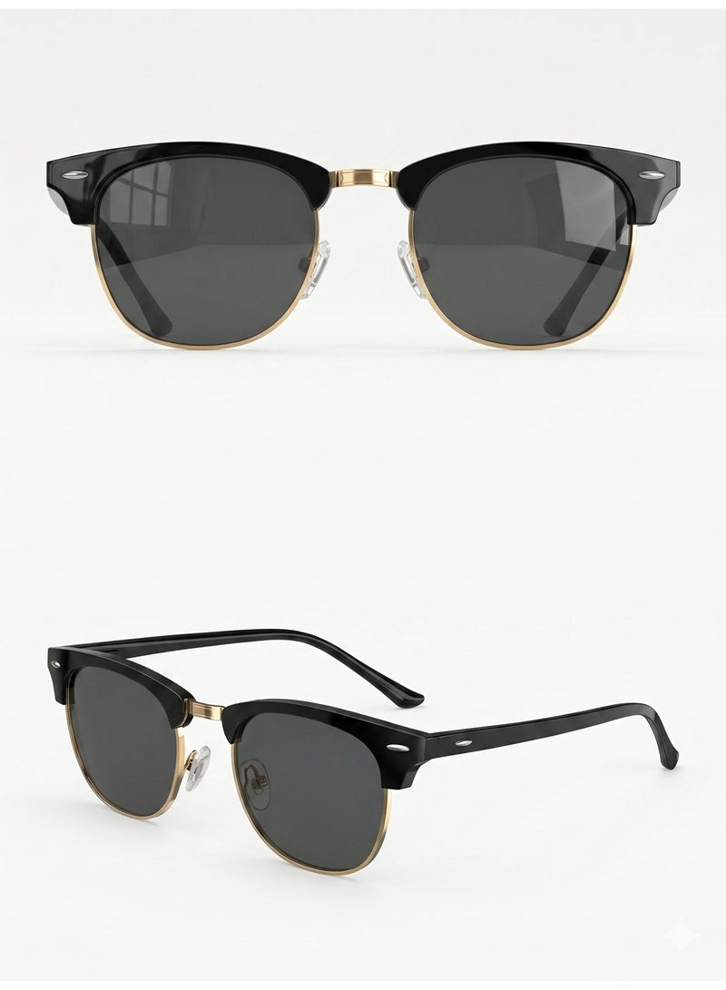 Polarized Semi-Rimless Sunglasses Unisex, Retro Browline Design, UV400, Black & Gold  3016 - Image 2