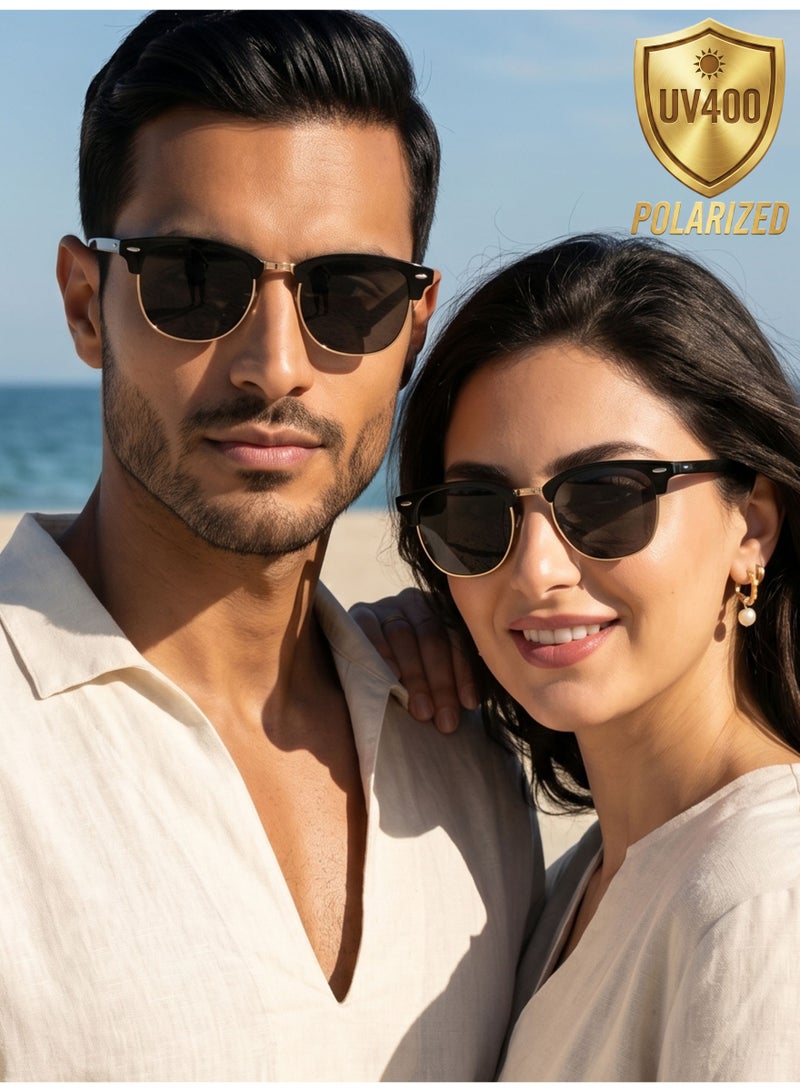 Polarized Semi-Rimless Sunglasses Unisex, Retro Browline Design, UV400, Black & Gold  3016 - Image 1