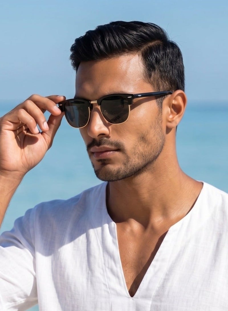 Polarized Semi-Rimless Sunglasses Unisex, Retro Browline Design, UV400, Black & Gold  3016 - Image 4