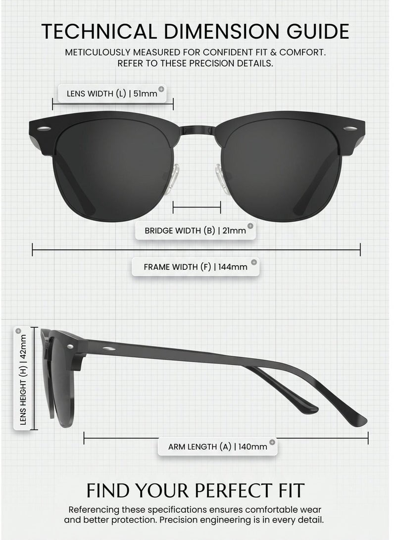 Polarized Semi-Rimless Sunglasses Unisex, Retro Browline Design, UV400, Black & Gold  3016 - Image 5