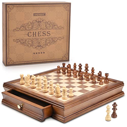 AMEROUS 128 x 128 Magnetic Wooden Chess Set with 2 Builtin Storage Drawers  2 Bonus Extra Queens  Gift Packaging  Staunton Chess Pieces Board Games Chess Sets for Adults and Kids - Image 1