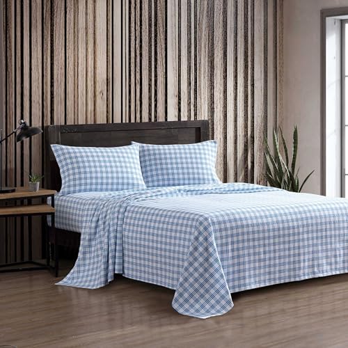 Eddie Bauer Full Bed Sheets Cotton Flannel Bedding Set with Matching Pillowcases Brushed for Extra Softness Deep Pocket OekoTex Certified Arrowhead Tartan Blue - Image 1