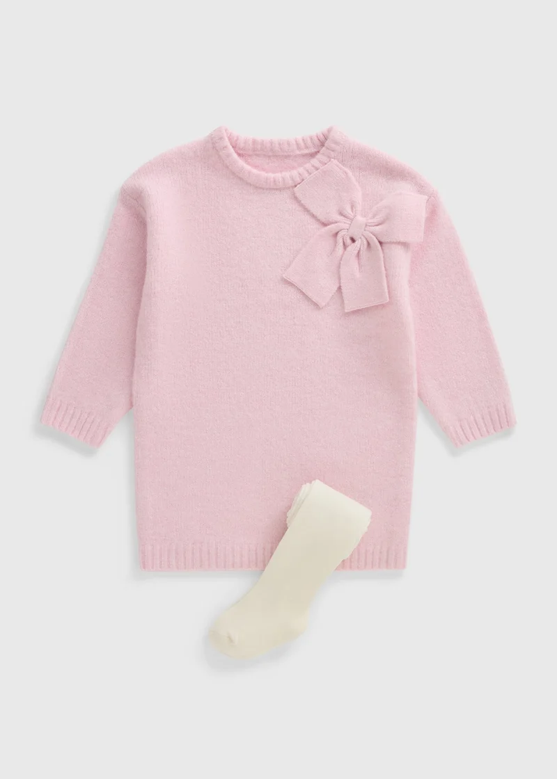 Matalan Girls Pink Bow Knitted Dress & Tight Set
