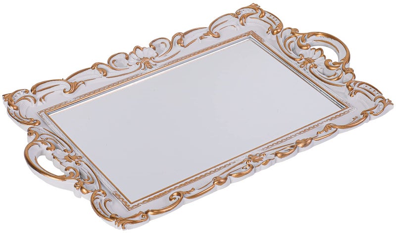 Sooyee Decorative Mirror Tray with Handle 155x96 Bathroom Serving Tray for Dessert Table Coffee Table Vanity Home Decor Rectangle Shape White and Gold - Image 2