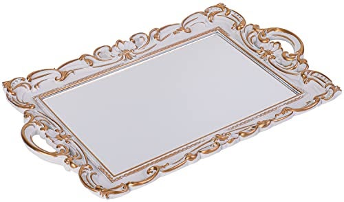 Sooyee Decorative Mirror Tray with Handle 155x96 Bathroom Serving Tray for Dessert Table Coffee Table Vanity Home Decor Rectangle Shape White and Gold - Image 1