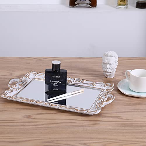 Sooyee Decorative Mirror Tray with Handle 155x96 Bathroom Serving Tray for Dessert Table Coffee Table Vanity Home Decor Rectangle Shape White and Gold - Image 3