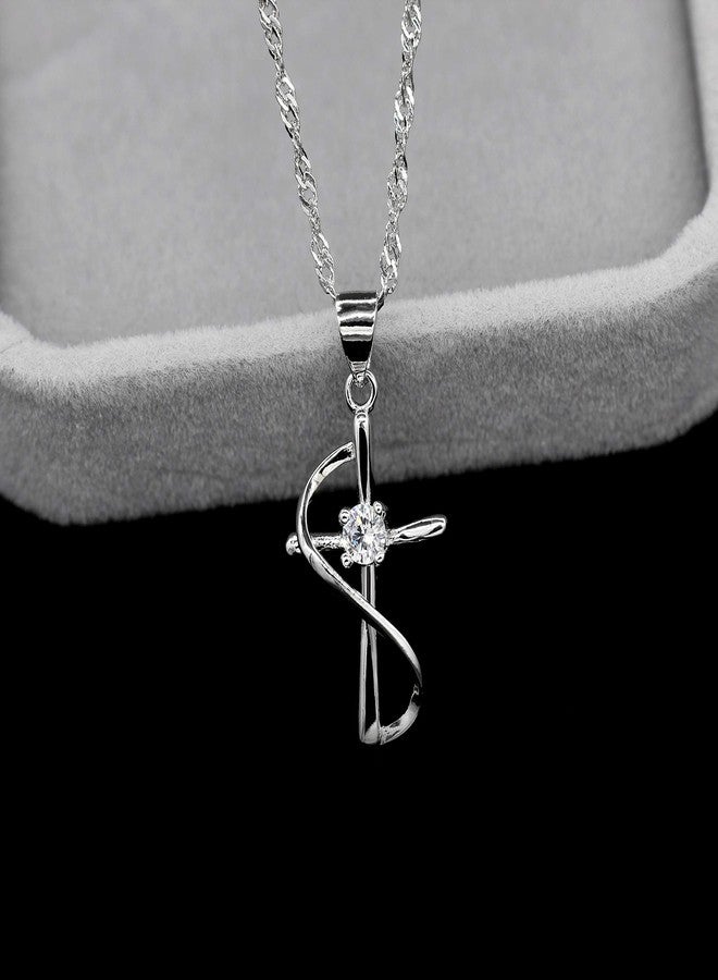 Uloveido Religious Jewelry Platinum Plated Cross Necklace Crucifix Pendant with White Cubic Zirconia Necklace for Women-N050 - Image 3