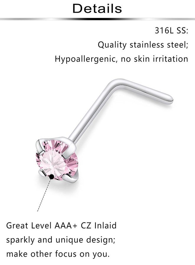 Ftovosyo Hypoallergenic Nose Rings Studs 18G Surgical Steel L Shaped Nose Piercings Pink Cubic Zirconia Nostril Piercing Jewelry for Women & Men - Image 3