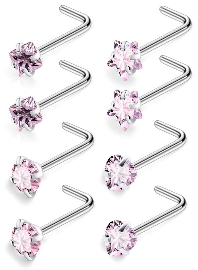 Ftovosyo Hypoallergenic Nose Rings Studs 18G Surgical Steel L Shaped Nose Piercings Pink Cubic Zirconia Nostril Piercing Jewelry for Women & Men - Image 1