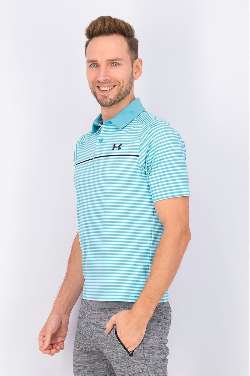 UNDER ARMOUR قميص بولو قصير الأكمام للرجال بتصميم عادي مع خطوط، تركواز - Image 3