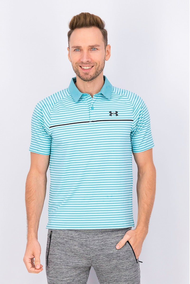 UNDER ARMOUR قميص بولو قصير الأكمام للرجال بتصميم عادي مع خطوط، تركواز - Image 1