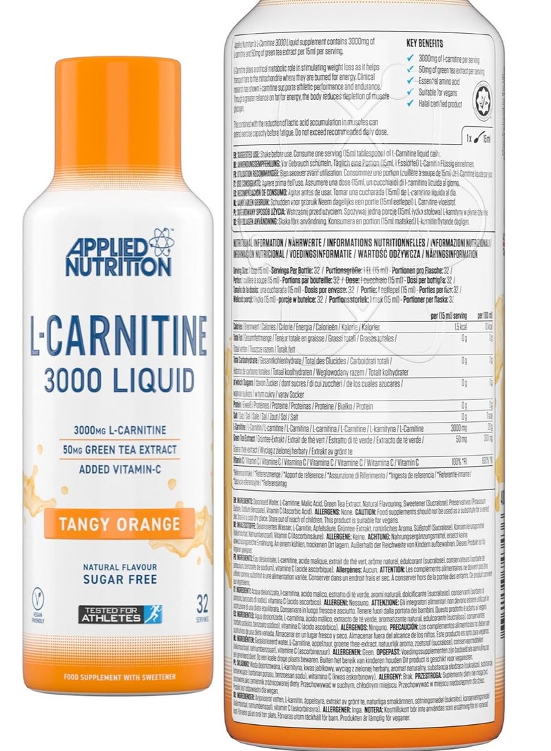 Applied Nutrition L‑Carnitine 3000 Liquid – Tangy Orange 480 ml | High‑Strength Fat Metabolizer, Vegan & Halal, with Green Tea + Vitamin C - Image 2