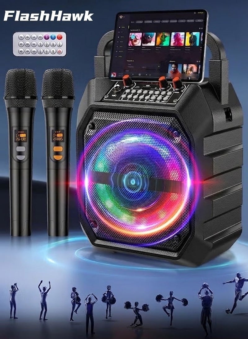 FlashHawk Karaoke Machine with Two Wireless Microphones,Portable Bluetooth Speaker with LED Lights, PA System, Supports TF Card/USB for Adults & Kids, for Girls Boys Families Home Party, Black - Image 1