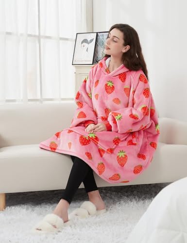 KFUBUO Wearable Blanket Hoodie for Adults Sherpa All Patterns Oversized Sweatshirt Blanket with Pockets Cute Birthday Gifts for Sister Strawberry - Image 5