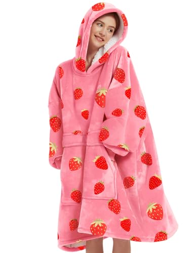 KFUBUO Wearable Blanket Hoodie for Adults Sherpa All Patterns Oversized Sweatshirt Blanket with Pockets Cute Birthday Gifts for Sister Strawberry - Image 1
