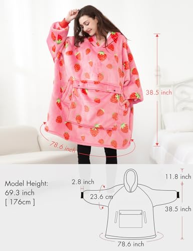 KFUBUO Wearable Blanket Hoodie for Adults Sherpa All Patterns Oversized Sweatshirt Blanket with Pockets Cute Birthday Gifts for Sister Strawberry - Image 4