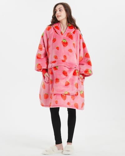 KFUBUO Wearable Blanket Hoodie for Adults Sherpa All Patterns Oversized Sweatshirt Blanket with Pockets Cute Birthday Gifts for Sister Strawberry - Image 3