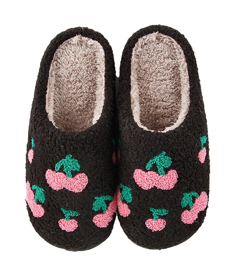 Tellrain Women Slippers Cute Pattern Cherry Warm Soft Bedroom Shoes Fuzzy Closed Toe Sandals Non Slip House Bedroom Slippers - Image 1