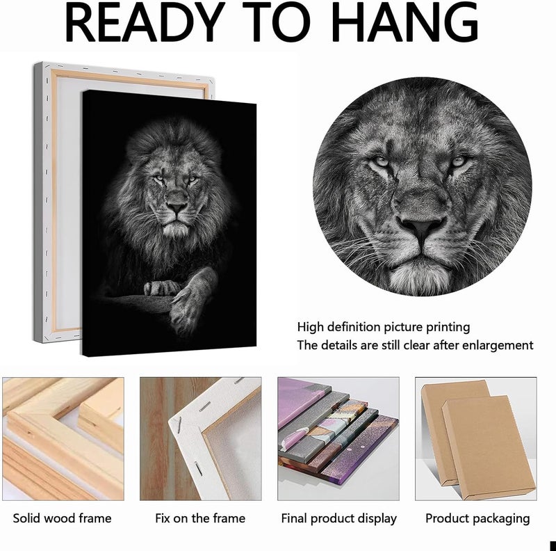 Wallvelart Black and White Lion Canvas Wall Art - Animal Prints Portraits Head Painting - Wild Animal Pictures Posters Artwork Decor 16x24inch Frame - Image 5
