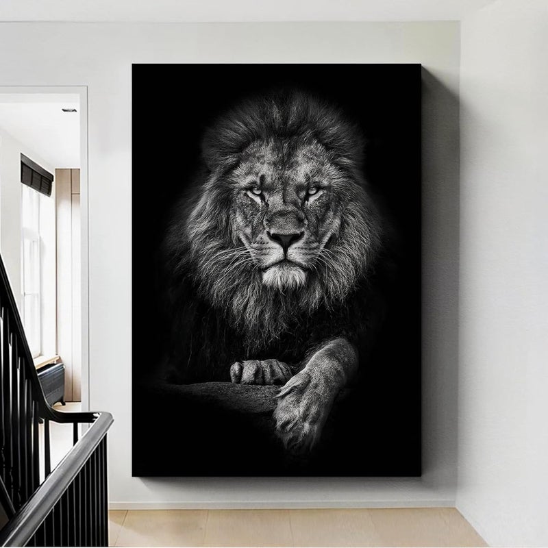 Wallvelart Black and White Lion Canvas Wall Art - Animal Prints Portraits Head Painting - Wild Animal Pictures Posters Artwork Decor 16x24inch Frame - Image 2