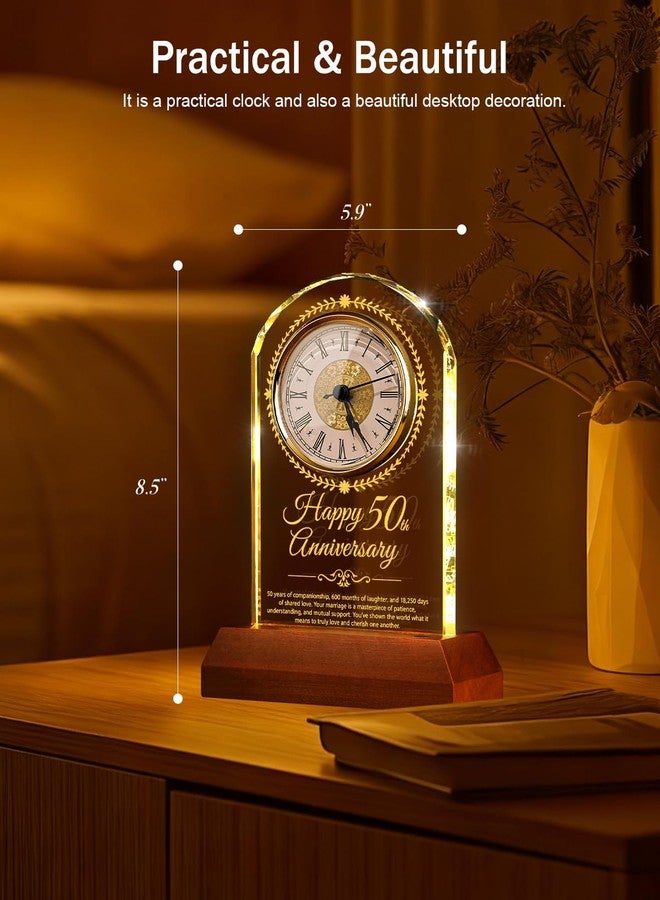 Sttokilly 50th Wedding Anniversary Crystal Quartz Clock with Wooden Light Base,50 Years of Marriage Gift,Happy Golden Anniversary Decoration Gift,for Parents,Grandparents,Couple - Image 2