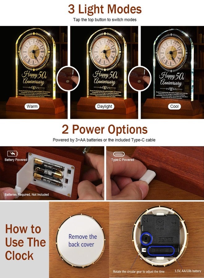 Sttokilly 50th Wedding Anniversary Crystal Quartz Clock with Wooden Light Base,50 Years of Marriage Gift,Happy Golden Anniversary Decoration Gift,for Parents,Grandparents,Couple - Image 3