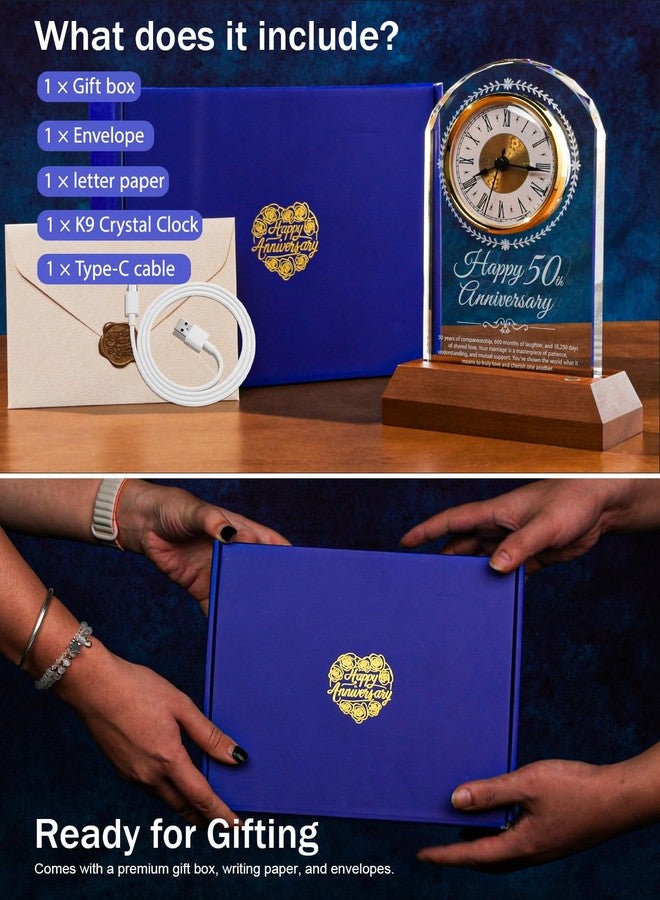 Sttokilly 50th Wedding Anniversary Crystal Quartz Clock with Wooden Light Base,50 Years of Marriage Gift,Happy Golden Anniversary Decoration Gift,for Parents,Grandparents,Couple - Image 4
