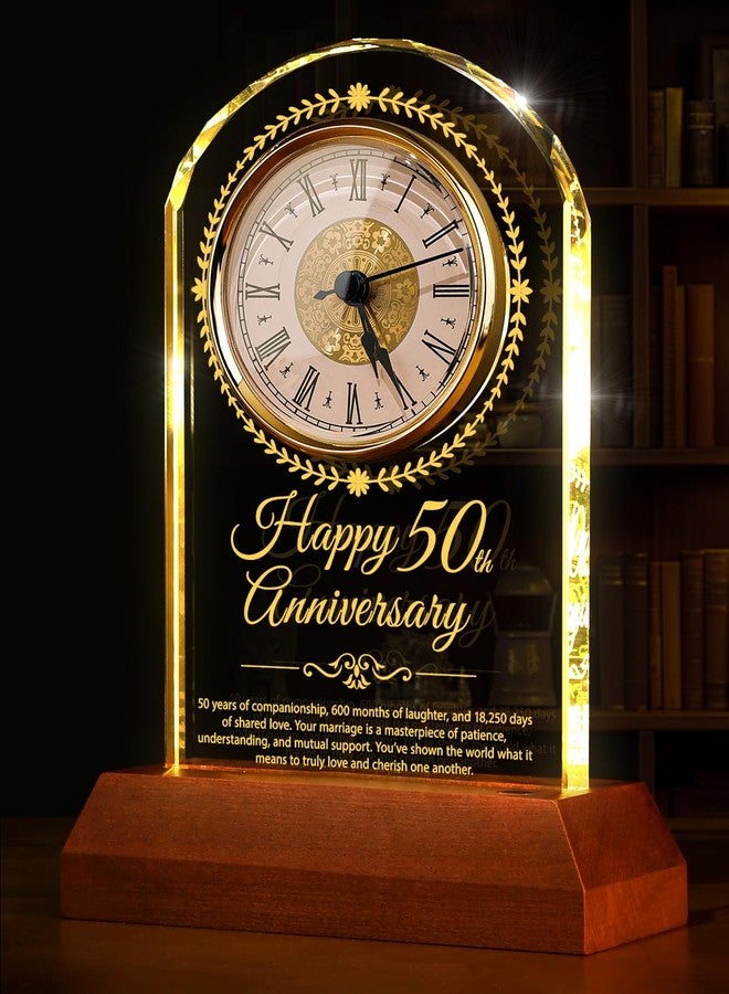Sttokilly 50th Wedding Anniversary Crystal Quartz Clock with Wooden Light Base,50 Years of Marriage Gift,Happy Golden Anniversary Decoration Gift,for Parents,Grandparents,Couple - Image 1