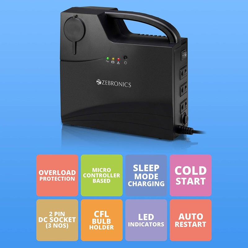 ZEBRONICS UPS CFL زيب-CU5013 مع حامل لمبة CFL، مؤشر الحمل الزائد، يعتمد على المتحكم الدقيق، مقبس DC ذو 2 دبوس، حماية من الدائرة القصيرة، مؤشر الحمل الزائد - Image 4