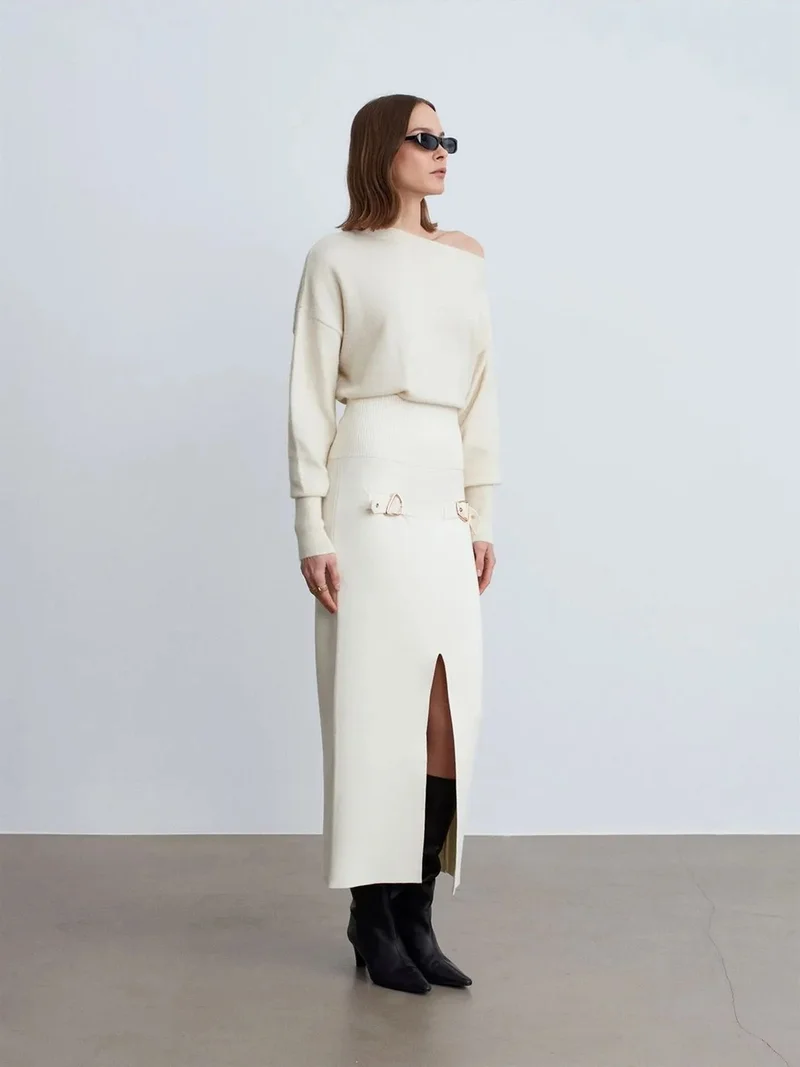 Dilvin DILVIN High-Waist Ribbed Maxi Skirt