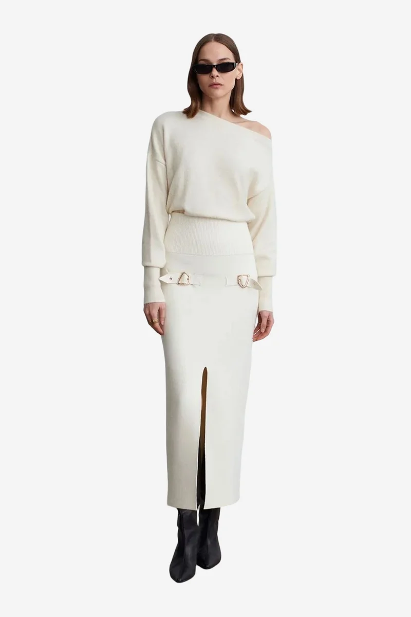 Dilvin Cream Natural DILVIN High-Waist Ribbed Maxi Skirt for Women | Best Price UAE