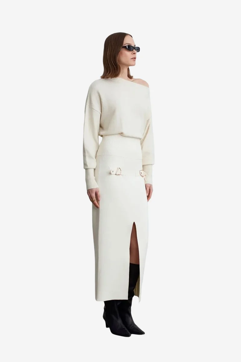 Dilvin Cream Natural DILVIN High-Waist Ribbed Maxi Skirt for Women | Best Price UAE