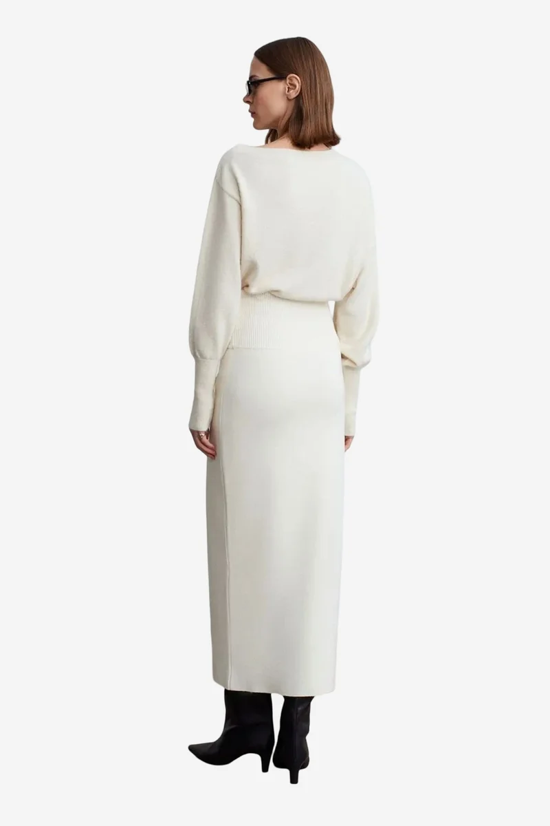 Dilvin Cream Natural DILVIN High-Waist Ribbed Maxi Skirt for Women | Best Price UAE