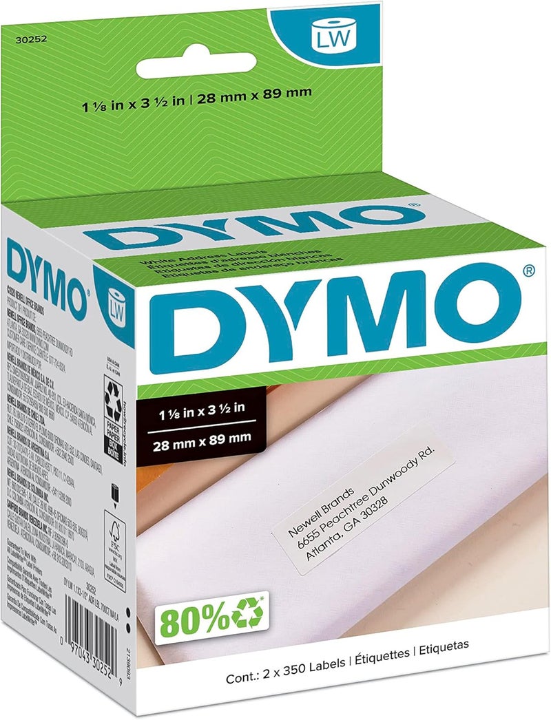 Dymo Authentic LW White Mailing Address Labels Labels for LabelWriter Label Printers 1-1/8" x 3-1/2" 2 Rolls of 350 (700 Total) - Image 1