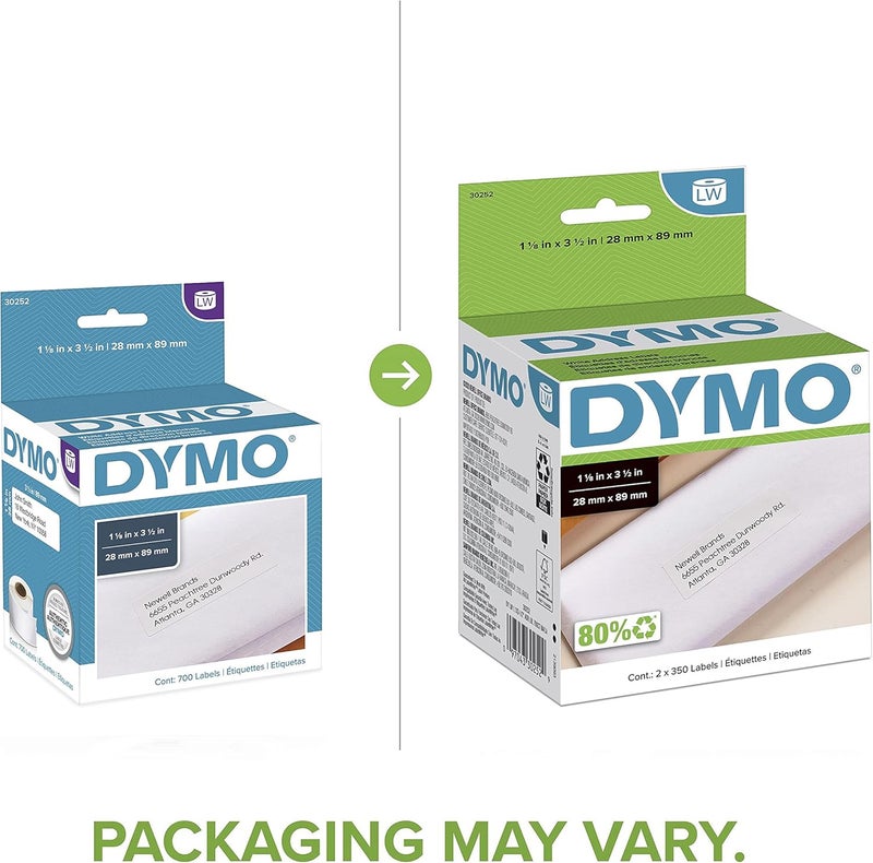 Dymo Authentic LW White Mailing Address Labels Labels for LabelWriter Label Printers 1-1/8" x 3-1/2" 2 Rolls of 350 (700 Total) - Image 2