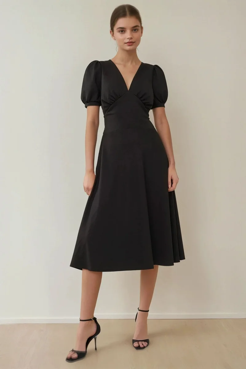 Hiccup V-Neck Puff Sleeve A-Line Crepe Midi Dress