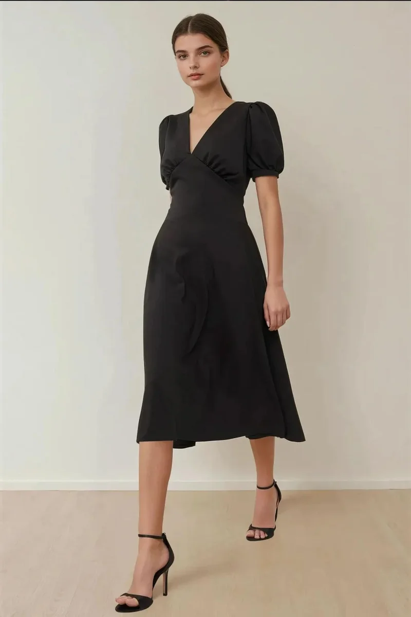 Hiccup V-Neck Puff Sleeve A-Line Crepe Midi Dress