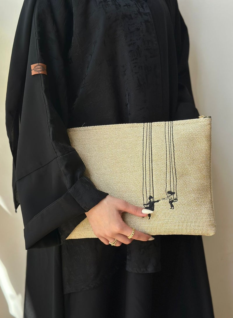 burlap Pouch with embroidered graphics, suitable for iPad and books, with an exclusive and luxurious design - Image 1